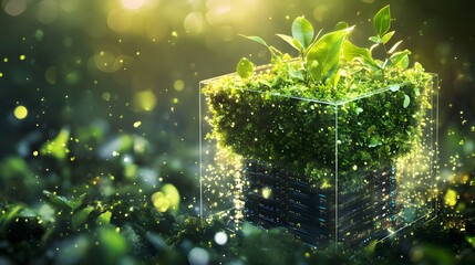 Illustration of a server blades cube with green nature over it representing the possibility of green ecological technology 