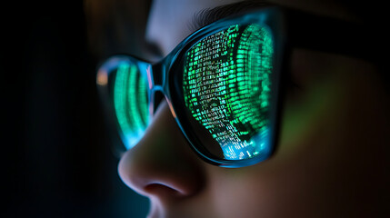  Silhouetted figure hacking into a computer network, green code reflected in their glasses (1)