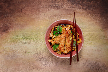 Udon noodles with shrimp in tempura, Japanese cuisine, homemade, no people,