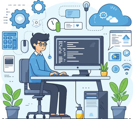 Fototapeta premium a boy is programming on his pc vector