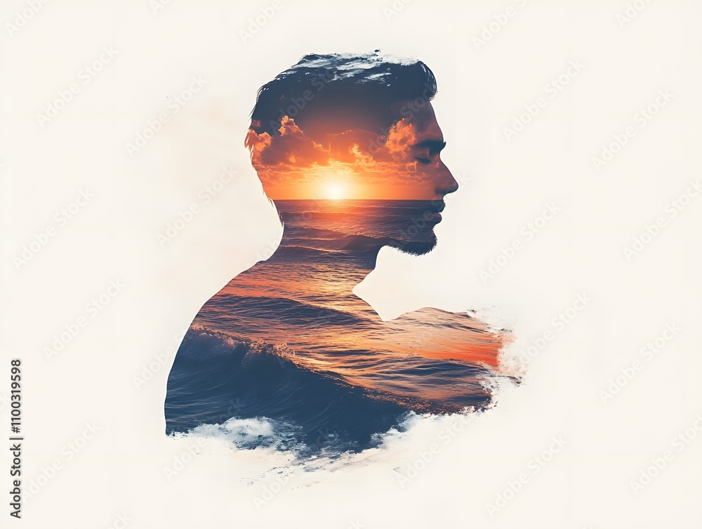 Poster beautiful double exposure portrait of a man with ocean sunset reflecting in profile, showcasing natu