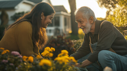 Fototapeta premium Young person helping an elderly neighbor with yard work, both smiling - Kind and light-hearted, afternoon light