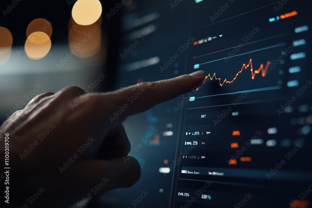 Poster a person is pointing at a graph on a computer screen