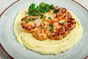 cauliflower steak, with mashed potatoes, spices and herbs, homemade, no people,