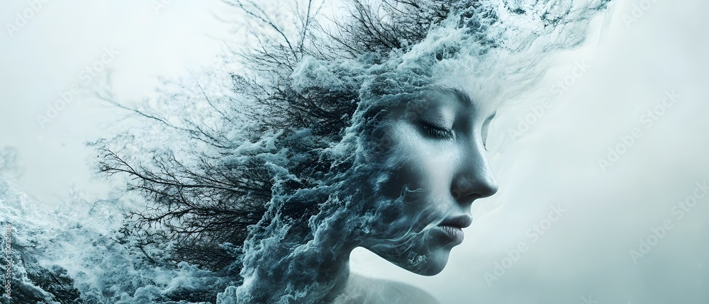 Poster ethereal woman surrounded by flowing water and trees, merging nature and human form in a dreamlike, 
