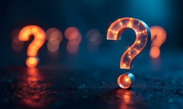 Golden question marks on a deep blue background
