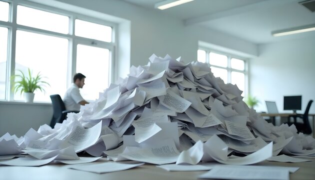 Piles of office paperwork wasted showcasing how important it is to go paperless