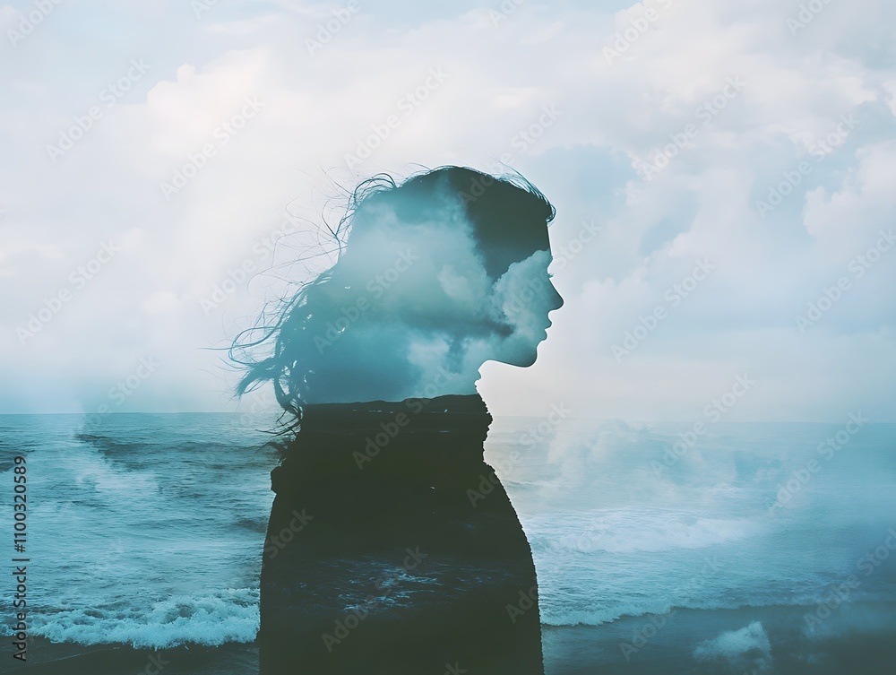 Aufkleber ethereal silhouette of a woman merging with ocean waves and clouds in a dreamlike double exposure ef