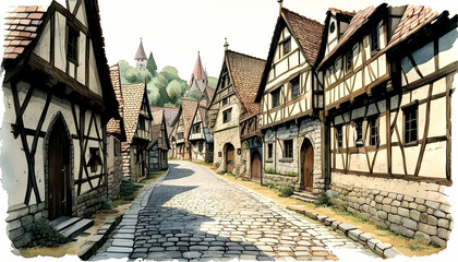 Fototapeta premium Charming cobblestone street in a medieval village with timber-framed houses