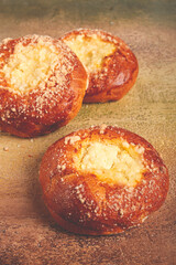 bun with cottage cheese, pastries, cheesecake, no people,