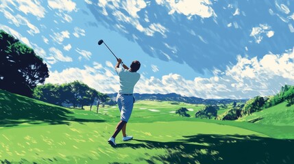 Golfer Swinging on a Sunny Day on a Lush Green Golf Course