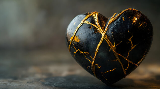 Broken heart of black stone with gold repair kintsugi - Powered by Adobe