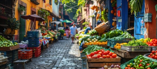 Fototapeta premium Vibrant outdoor market with colorful buildings and fresh produce.