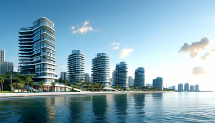 Fototapeta premium Stunning coastal skyline featuring modern architecture in a serene urban setting