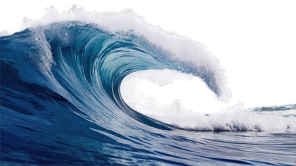 Powerful ocean wave curling, turquoise blue water, white foam, isolated on  transparent background 