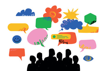 A group of people, represented by simple silhouettes, surrounded by a colorful array of speech bubbles. Symbolizing the diversity of thoughts, ideas and opinions in society.