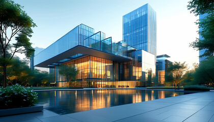 Obraz premium Modern architectural beauty shines at sunset in an urban landscape