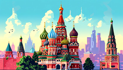 Obraz premium Vibrant cityscape showcasing St. Basil's Cathedral against a colorful skyline