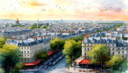 Obraz premium Vibrant cityscape showcasing rooftops and lively streets in a summer afternoon dream