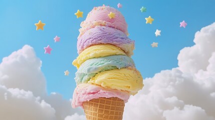 A tall ice cream cone displays multiple vibrant scoops of pastel flavors under a clear blue sky. Soft fluffy clouds and small stars adorn the background, creating a whimsical and cheerful atmosphere.