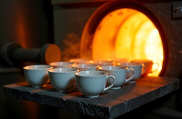 New white porcelain tableware is placed in a muffle kiln for firing close-up at a ceramic factory