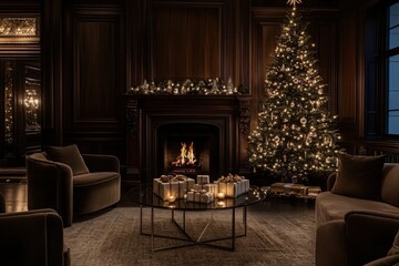 Fototapeta premium A traditional living room decorated with a cypress tree and a fireplace with ornaments and gifts for the holidays