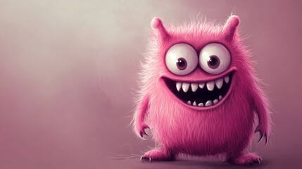 Fototapeta premium Cute Pink Monster with Big Eyes and a Happy Smile