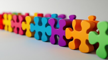 Symbolic depiction of inclusion with a network of interlocking, colorful puzzle pieces forming a cohesive design in a clean, minimalist space