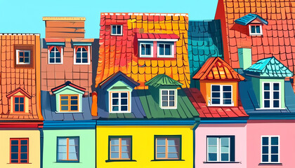 Naklejka premium Colorful rooftops create a vibrant skyline in a sunny town setting