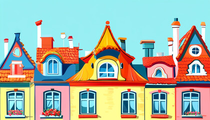 Fototapeta premium Vibrant rooftops of a colorful neighborhood under a clear blue sky