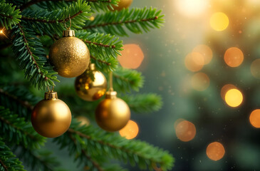 Branches of a Christmas tree with golden Christmas balls and a blurred background space for copying