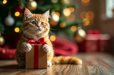 A cute fluffy kitten holds in its paws a gift box with a bow near the Christmas tree with toys and a space for copying