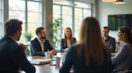 Fototapeta premium Business seminar with a diverse audience listening to a speaker in a modern, sunlit conference room. The image is blurred for emphasis on the setting