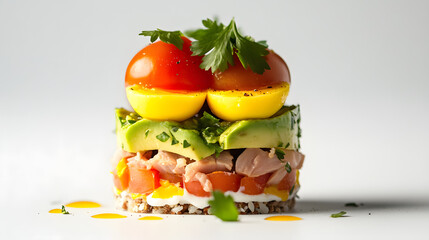 Captivating Close-Up of Avocado Tuna Tomato Egg Verrines Taken with an iPhone 15 Pro - Perfectly Clear, High-Resolution, and Photorealistic Shot