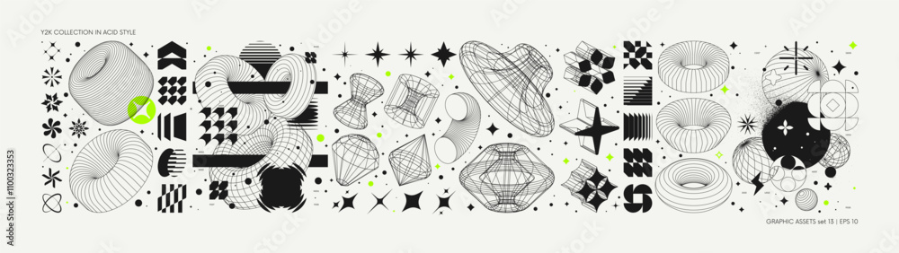 Aufkleber Vector graphic assets set in acid style, retro futuristic background with wireframe elements of different forms, bold modern shapes for design template, poster, stickers, banner in Y2k style set 13