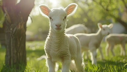 Obraz premium A sunny farm scene playful lambs and calves in a vibrant green field among sprouting trees