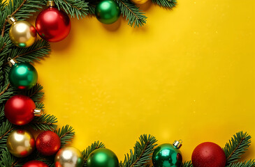 rectangular frame made of fir branches and Christmas toys and spaces