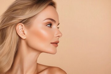 Fototapeta premium Photo of pretty adorable lady nude shoulders looking empty space isolated beige color background