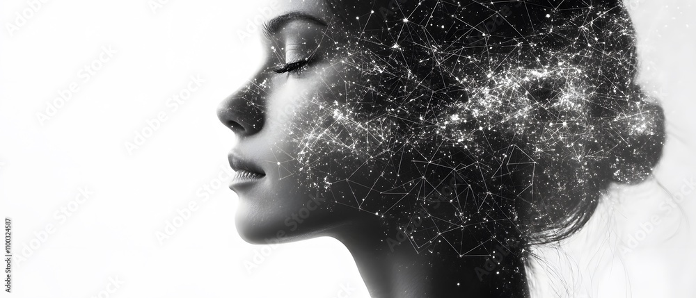 Poster surreal portrait of a woman with cosmic elements, abstract art featuring light particles and constel