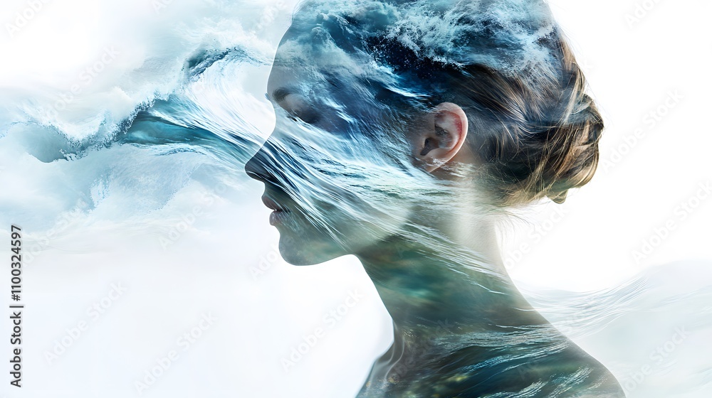 Poster ethereal portrait of a woman merging with ocean waves in a dreamy surrealistic style representing na