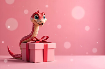 A gift box with a coiling funny snake on a pink blurred background and a copy space. Concept - Chinese New Year