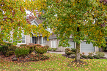 Two story stucco luxury house with garage door, big tree and nice Fall foliage landscape in...