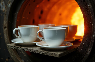 New white porcelain tableware is placed in a muffle kiln for firing close-up at a ceramic factory