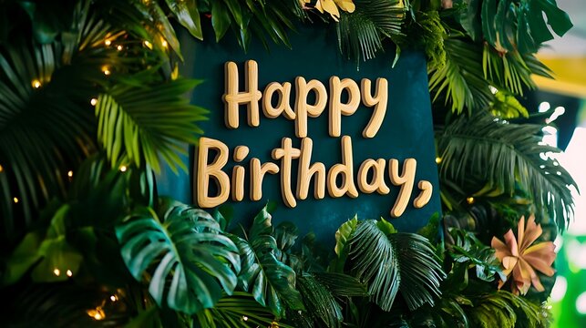 Wild jungle theme birthday with tropical plants, exotic animals and adventure-style "Happy Birthday"