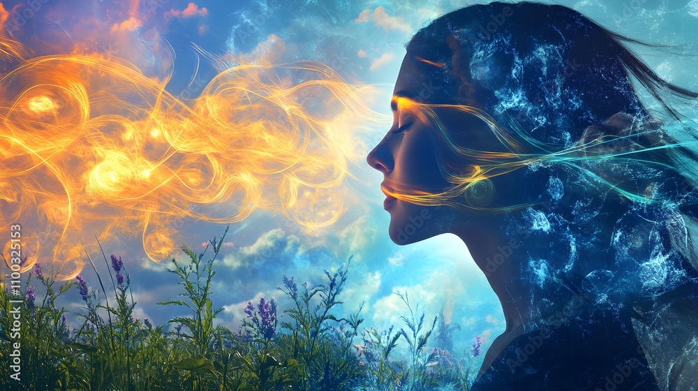Poster ethereal woman in profile surrounded by flames and water elements with lush greenery and cloudy sky 
