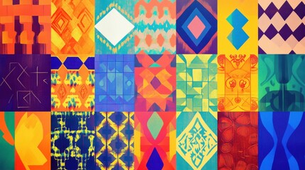 Fototapeta premium Symbolic image of cultural diversity using a series of vibrant, interconnected geometric patterns forming a cohesive design in a minimalist setting, Photo of