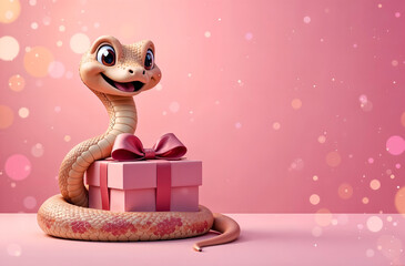 A gift box with a coiling funny snake on a pink blurred background and a copy space. Concept - Chinese New Year