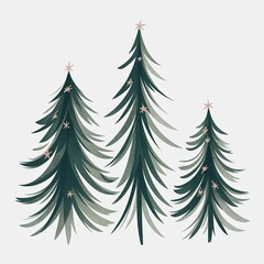 Obraz premium Modern minimalist vector illustration of three stylized Christmas pine trees featuring textured green brush strokes and festive star decorations.
