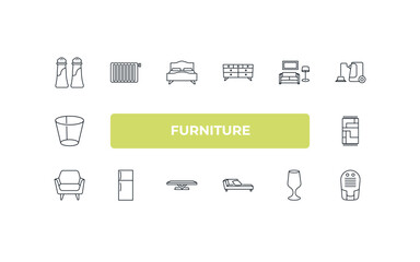 fully editable outline icon collection from furniture concept. thin line icons set such as salt and pepper shakers, radiator, living room, glassware, dehumidifier,