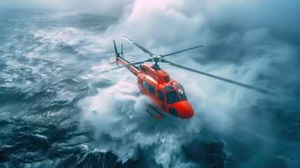 Rescue operation in turbulent seas featuring a helicopter amidst roaring waves and dramatic skies. Generative AI